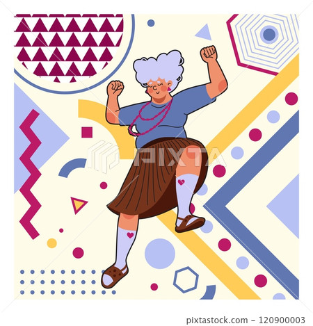 Senior woman. Old person portrait. Happy dancing female. Abstract color geometric shapes. Memphis circles. Fun music listening. Excited grandmother. Dynamic pose. Trendy creative granny vector banner Senior woman. Old person portrait. Happy dancing female. Abstract color geometric shapes. Memphis circles. Fun music listening. Excited grandmother. Dynamic pose. Trendy creative granny vector banner 120900003