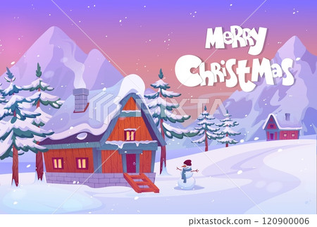 Winter nature. New Year and Christmas greeting card. Snowy trees. Wooden house. Forest snowdrifts. Wintertime landscape. Xmas celebration. Frozen firs. Mountain wild scenery. Vector holiday banner 120900006