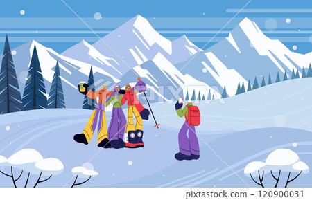 Snow mountains. Couples travel in cold nature. Winter season. People posing for photo. Snowy rocks trekking. Hiking tourism. Active group of tourists. Hikers in Alps. Vector panoramic illustration Snow mountains. Couples travel in cold nature. Winter season. People posing for photo. Snowy rocks trekking. Hiking tourism. Active group of tourists. Hikers in Alps. Vector panoramic illustration 120900031