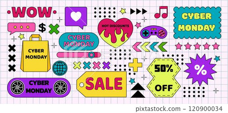 Sticker groovy. Icon sale online. Label neobrutalism. Retro discount brutality. Cyber Monday geometric shape. Stars, heart and different colorful labels. Vector illustration tidy modern graphic set 120900034