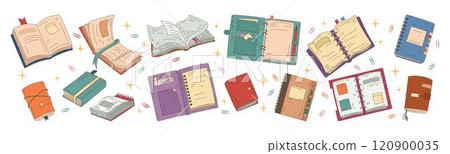 Book note. Notepad, business paper, magazine, letter, album or diary. Notebook, organizer or textbook drawn by hand. Stationery for office or school. Vector tidy cartoon flat isolated illustration 120900035