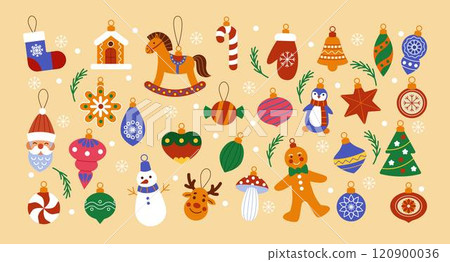 Bauble Christmas tree. Merry Xmas fir decor. Toy figurines. Santa ball. Bell or kids horse. Animal shape. Cute vintage festive decoration of glass. Celebration retro elements. Vector tidy New Year set 120900036