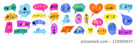 Grunge angry bubble. Speech boxes different forms and colors, swear mad, rude dialogue. Cloud retro box, sketch talk balloon. Insults, profanity, colorful pencil comic. Vector garish text cartoon Grunge angry bubble. Speech boxes different forms and colors, swear mad, rude dialogue. Cloud retro box, sketch talk balloon. Insults, profanity, colorful pencil comic. Vector garish text cartoon 120900037