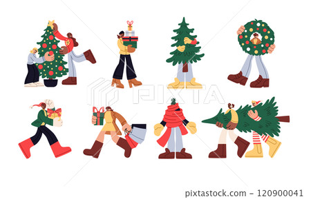 Christmas bustle. Winter shopping. Family preparing and celebrating holiday. People with New Year gifts. Man happily carries Xmas fir tree. Woman holding present boxes. Vector festive characters set 120900041