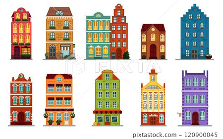 City house. Building of European architecture. Old English balcony with flowers. Town house, cute little estate, shop street architecture. Cartoon flat isolated illustration. Vector tidy country 120900045