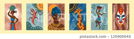 African culture. Africa animal. Painting pattern. Ethnic dance. Tribe woman face. Safari giraffe and iguana lizard. Boho poster. Abstract geometric native folk. Totem mask. Vector tidy banners set African culture. Africa animal. Painting pattern. Ethnic dance. Tribe woman face. Safari giraffe and iguana lizard. Boho poster. Abstract geometric native folk. Totem mask. Vector tidy banners set 120900048
