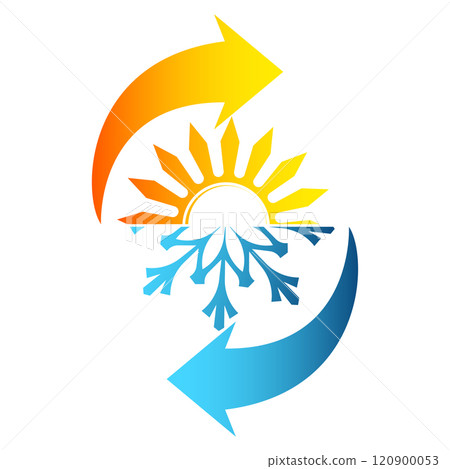 Sun and snowflake, blue and orange arrows Sun and snowflake, blue and orange arrows 120900053