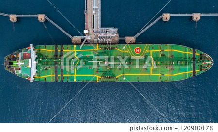 Aerial view oil tanker ship oil depot terminal storage petroleum petrochemical refinery product, Global Business energy tanker ship logistic transportation oil industry crude oil fuel by tanker ship. 120900178