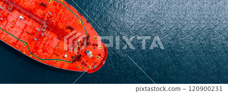 Aerial view oil tanker ship oil depot terminal storage petroleum petrochemical refinery product, Global Business energy tanker ship logistic transportation oil industry crude oil fuel by tanker ship. 120900231