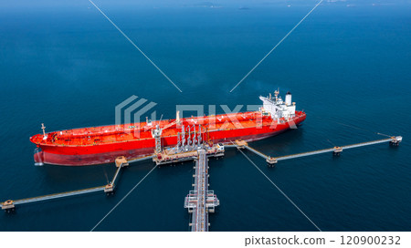 Aerial view oil tanker ship oil depot terminal storage petroleum petrochemical refinery product, Global Business energy tanker ship logistic transportation oil industry crude oil fuel by tanker ship. 120900232