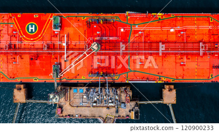 Aerial view oil tanker ship oil depot terminal storage petroleum petrochemical refinery product, Global Business energy tanker ship logistic transportation oil industry crude oil fuel by tanker ship. 120900233