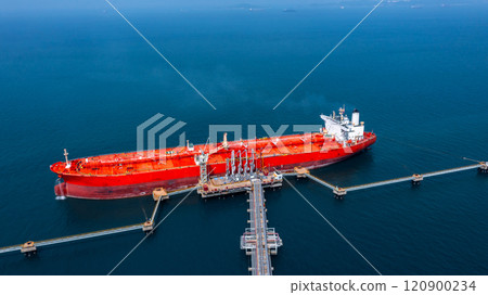 Aerial view oil tanker ship oil depot terminal storage petroleum petrochemical refinery product, Global Business energy tanker ship logistic transportation oil industry crude oil fuel by tanker ship. 120900234