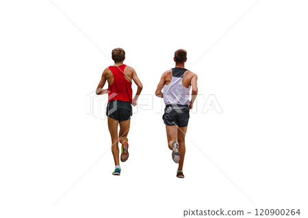 rear view two runners running race isolated on white background rear view two runners running race isolated on white background 120900264
