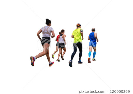 group male and female athletes running marathon race isolated on white background 120900269