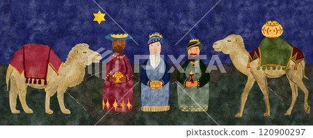 The three wise man with gifts and camels Christmas nativity scene border digital watercolor on dark textured background. Hand painted art perfect for textile, packaging, card, tape, decoration The three wise man with gifts and camels Christmas nativity scene border digital watercolor on dark textured background. Hand painted art perfect for textile, packaging, card, tape, decoration 120900297