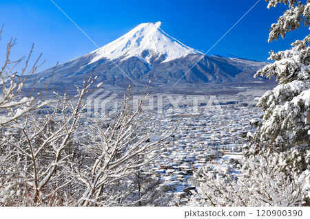 A view of the snow-capped Fujiyoshida cityscape and Mt. Fuji from Arakurayama Sengen Park A view of the snow-capped Fujiyoshida cityscape and Mt. Fuji from Arakurayama Sengen Park 120900390