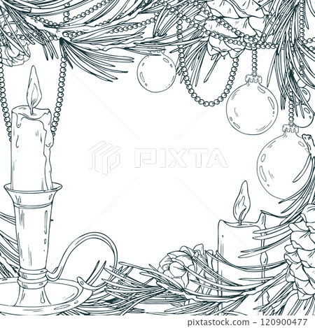 Beads with Christmas balls hanging with pine branches, cones and candles. Line art is a simple hand-drawn illustration in black and white ink. Template, frame, decorative framing vector EPS Beads with Christmas balls hanging with pine branches, cones and candles. Line art is a simple hand-drawn illustration in black and white ink. Template, frame, decorative framing vector EPS 120900477