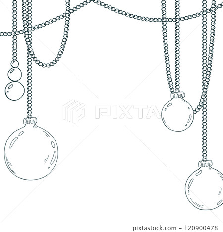 Beads with Christmas balls hanging on chains. Line art is a simple hand-drawn illustration in black and white ink. Template, frame, decorative framing vector EPS. Christmas, New Year 120900478