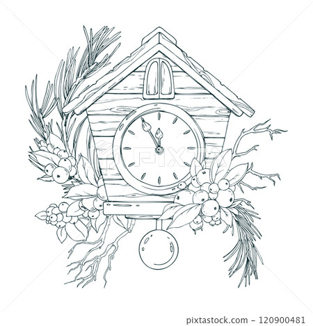 Wooden antique clock with pendulum and dial in the form of a house with fir branches, snowberry. Line art is a simple hand-drawn illustration in black and white ink. Composition arrangement vector EPS Wooden antique clock with pendulum and dial in the form of a house with fir branches, snowberry. Line art is a simple hand-drawn illustration in black and white ink. Composition arrangement vector EPS 120900481