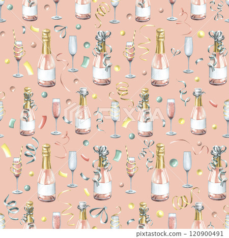 Bottles and glasses with pink champagne, with festive ribbons. Watercolor illustration. Seamless pattern on a pink background from a large set of HAPPY BIRTHDAY. For congratulations and gifts. 120900491