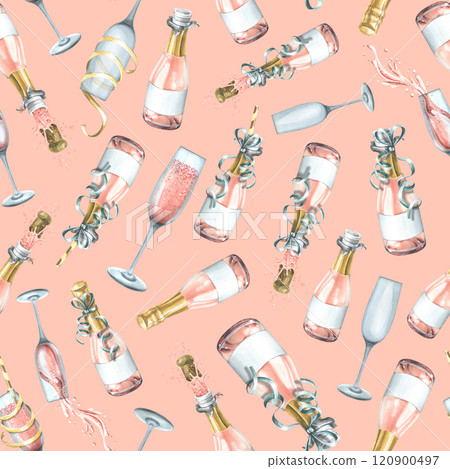 Bottles and glasses with pink champagne, with festive ribbons. Watercolor illustration. Seamless pattern on a pink background from a large set of HAPPY BIRTHDAY. For congratulations and gifts. Bottles and glasses with pink champagne, with festive ribbons. Watercolor illustration. Seamless pattern on a pink background from a large set of HAPPY BIRTHDAY. For congratulations and gifts. 120900497