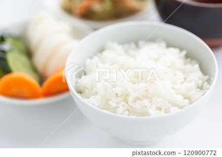White rice and Japanese side dishes White rice and Japanese side dishes 120900772