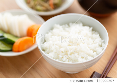 White rice and Japanese side dishes White rice and Japanese side dishes 120900807