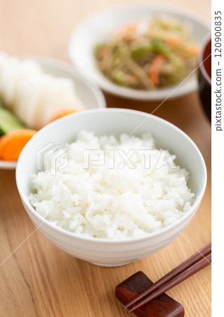 White rice and Japanese side dishes 120900835