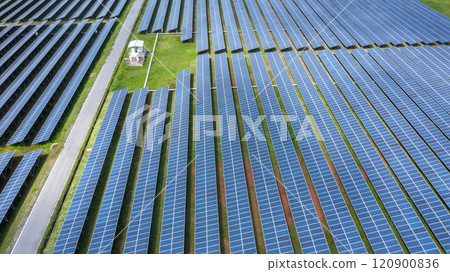Aerial view solar panel hybrid power plant, Solar panel platform system photovoltaic module, Solar panel power plant renewable energy source, Eco technology electric power industry. Aerial view solar panel hybrid power plant, Solar panel platform system photovoltaic module, Solar panel power plant renewable energy source, Eco technology electric power industry. 120900836