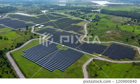 Aerial view solar panel hybrid power plant, Solar panel platform system photovoltaic module, Solar panel power plant renewable energy source, Eco technology electric power industry. 120900840