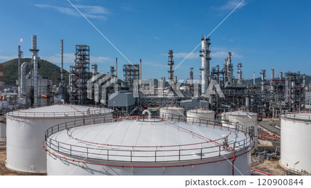 Aerial view oil and gas refinery industry plant, Oil and gas petrochemical industrial storage tank refinery plant, Industry Oil refinery oil and gas refinery factory power and fuel energy. Aerial view oil and gas refinery industry plant, Oil and gas petrochemical industrial storage tank refinery plant, Industry Oil refinery oil and gas refinery factory power and fuel energy. 120900844