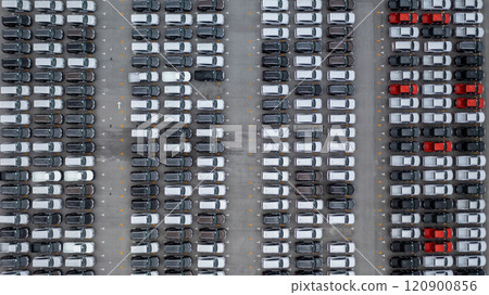 Aerial view new car lined up in the port for dealership business import and export, New car lined up parking lot outside an automobile automotive factory distribution for sale. Aerial view new car lined up in the port for dealership business import and export, New car lined up parking lot outside an automobile automotive factory distribution for sale. 120900856