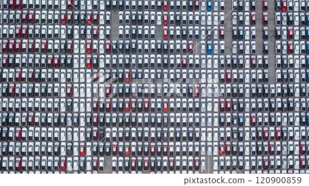 Aerial view new car lined up in the port for dealership business import and export, New car lined up parking lot outside an automobile automotive factory distribution for sale. Aerial view new car lined up in the port for dealership business import and export, New car lined up parking lot outside an automobile automotive factory distribution for sale. 120900859