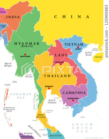 Northern part of Mainland Southeast Asia, multi colored political map, with borders and capitals. Formerly known as Indochina, with the countries Thailand, Vietnam, Myanmar, Laos, and Cambodia. Northern part of Mainland Southeast Asia, multi colored political map, with borders and capitals. Formerly known as Indochina, with the countries Thailand, Vietnam, Myanmar, Laos, and Cambodia. 120900865