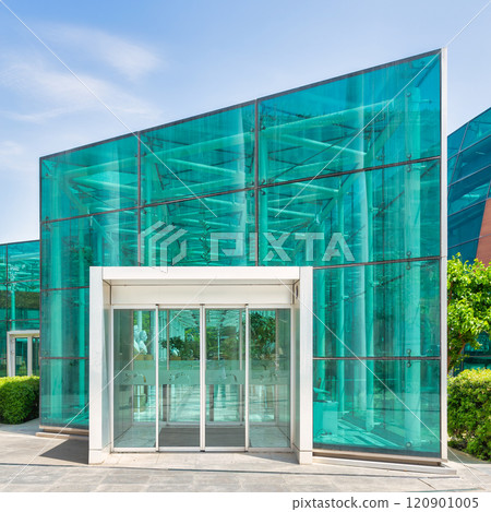 Entrance of International Mugham Center in Baku, Azerbaijan, features a modern architectural design 120901005