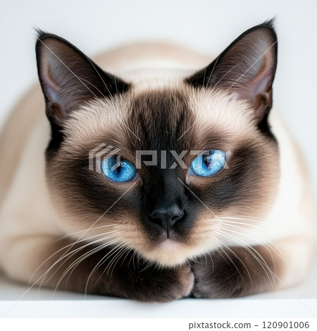 sleek Siamese cat with striking blue eyes resting calmly 120901006