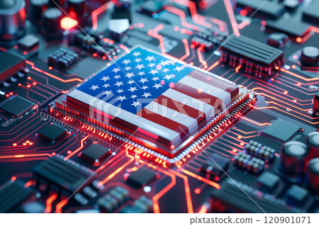 USA America flag on CPU chip circuit board computer manufacturing factory. 120901071