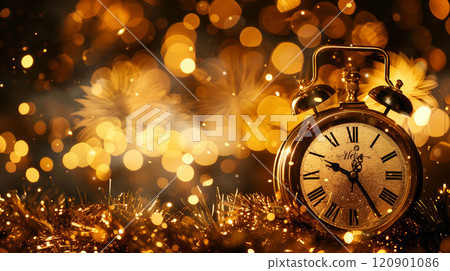 Clock And Golden Fireworks  countdown New year. 120901086