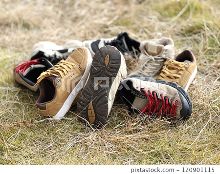 A lot of sneakers piled up on the lawn 120901115