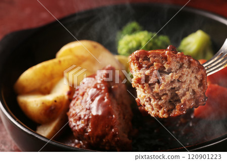 Juicy and delicious looking hamburger steak served on a plate 120901223