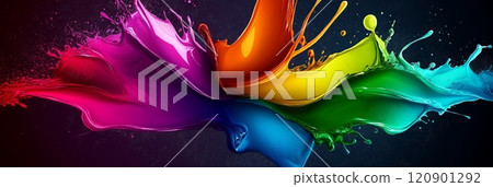 Rainbow colour three-dimensional splashes on a dark background. Rainbow coloured splashes Rainbow colour three-dimensional splashes on a dark background. Rainbow coloured splashes 120901292