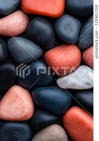 Polished opal pebble background. Smooth round colorful gravel stone texture Polished opal pebble background. Smooth round colorful gravel stone texture 120901308