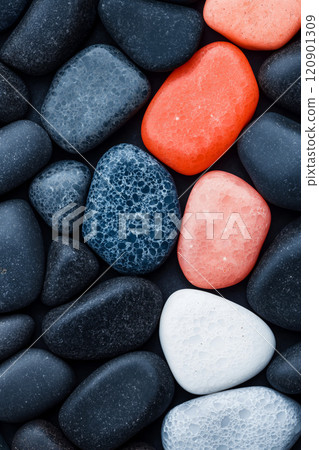 Polished opal pebble background. Smooth round colorful gravel stone texture Polished opal pebble background. Smooth round colorful gravel stone texture 120901309