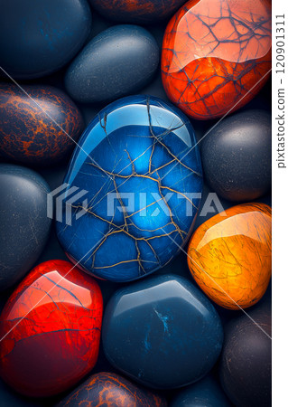 Polished opal pebble background. Smooth round colorful gravel stone texture 120901311