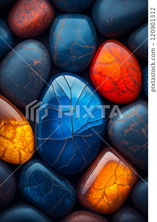 Polished opal pebble background. Smooth round colorful gravel stone texture Polished opal pebble background. Smooth round colorful gravel stone texture 120901312