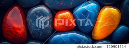 Polished opal pebble background. Smooth round colorful gravel stone texture Polished opal pebble background. Smooth round colorful gravel stone texture 120901314