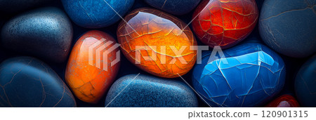Polished opal pebble background. Smooth round colorful gravel stone texture Polished opal pebble background. Smooth round colorful gravel stone texture 120901315
