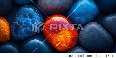 Polished opal pebble background. Smooth round colorful gravel stone texture 120901323