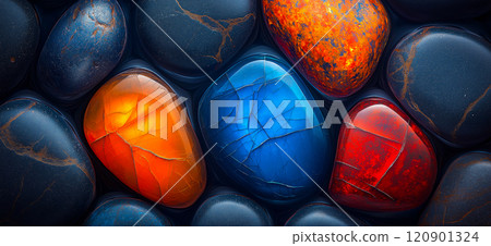 Polished opal pebble background. Smooth round colorful gravel stone texture Polished opal pebble background. Smooth round colorful gravel stone texture 120901324