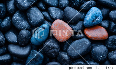 Polished opal pebble background. Smooth round colorful gravel stone texture 120901325